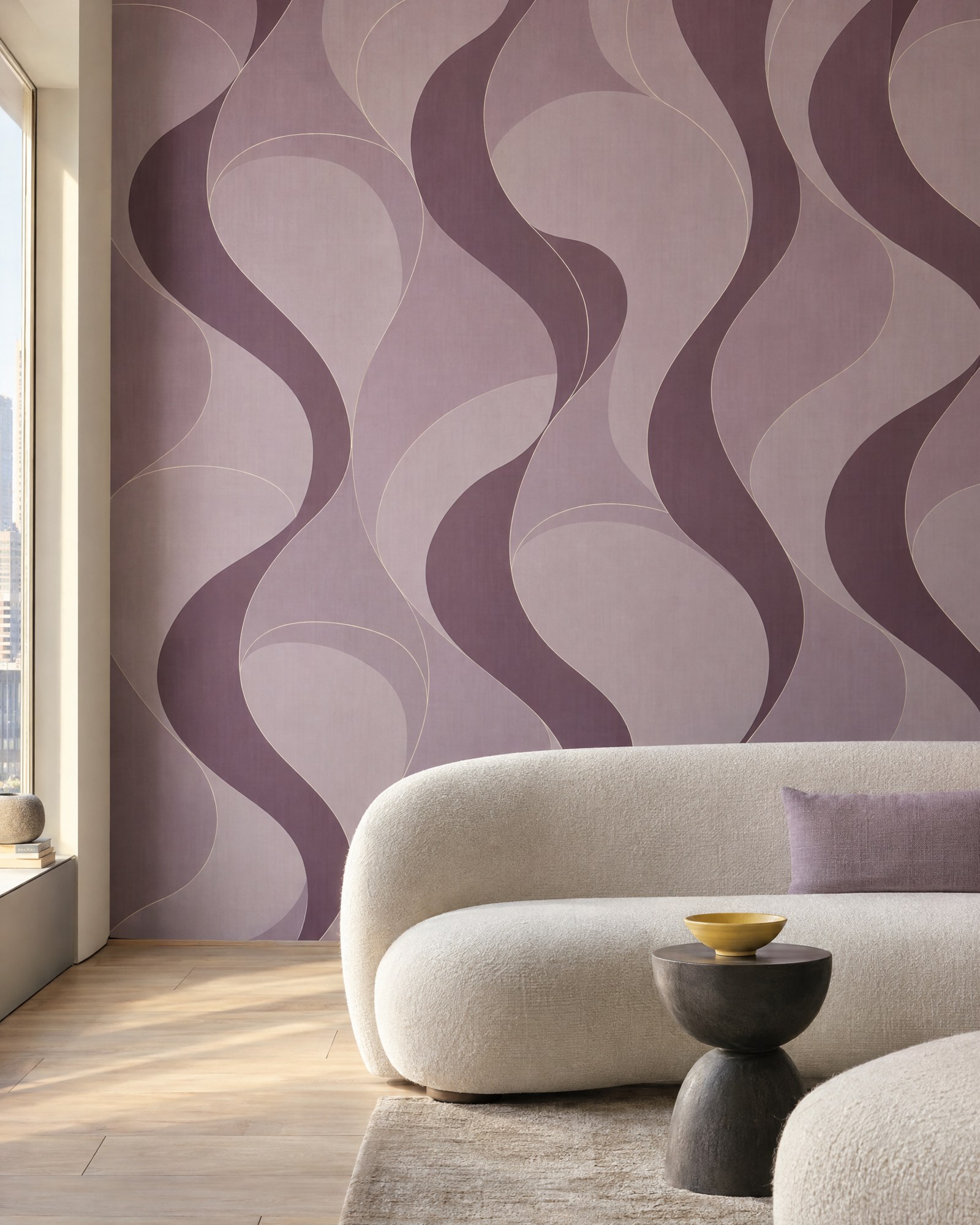 Finished lilac and plum patterned wallpaper in a contemporary sitting room with an ivory sofa